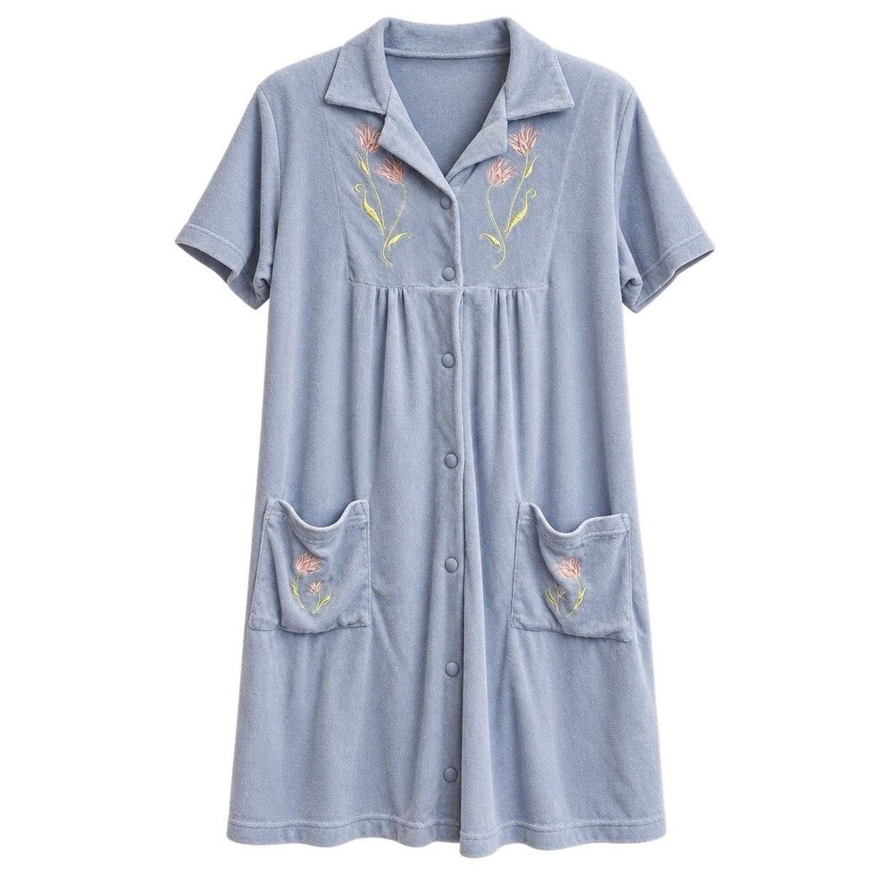 Palm Harbour Womens M Blue Floral Embroidered Snap Front House Dress Duster Robe